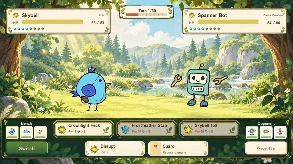 Skybell battles Spanner Bot in the English battle UI