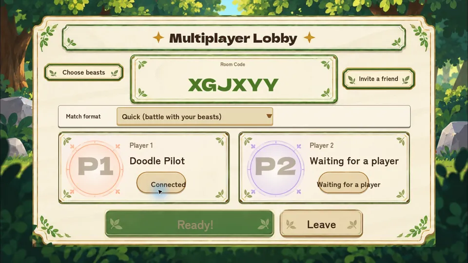 The English multiplayer lobby with a room code and friend invite