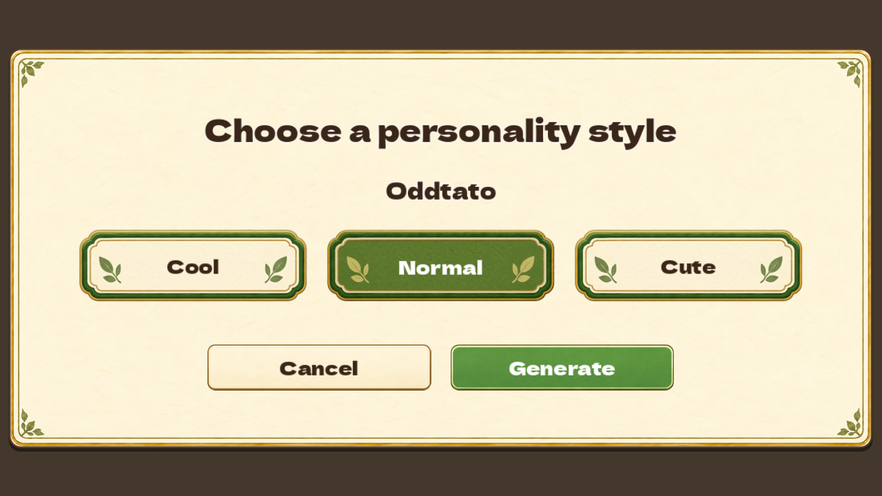 The English generation style selector with Cool, Normal, and Cute options