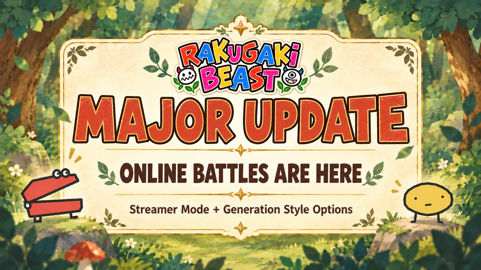 Rakugaki Beast major update illustration introducing public online battles, Streamer Mode, and generation styles