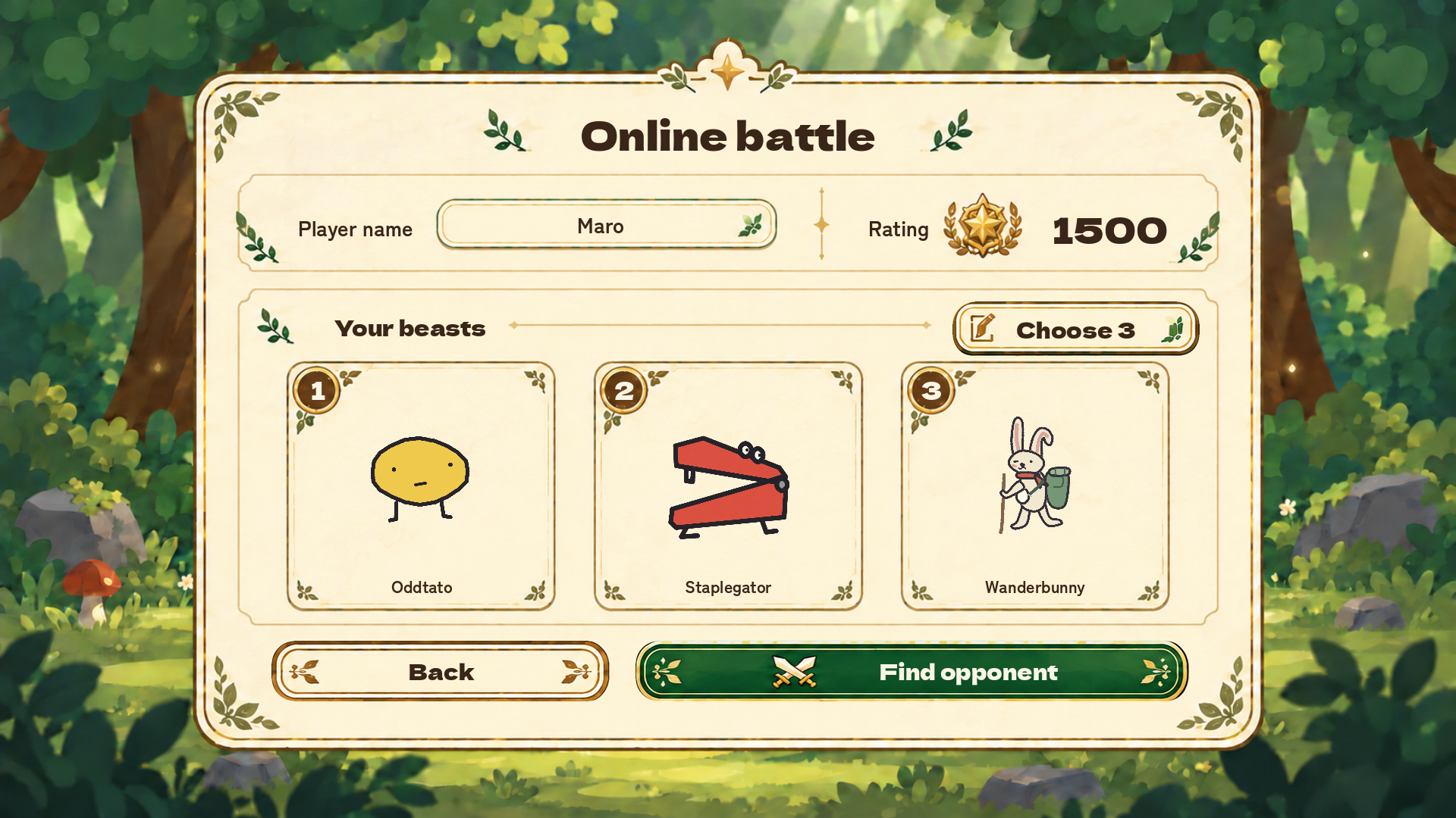 The public online battle lobby, showing the player Maro and the beasts Oddtato, Staplegator, and Wanderbunny